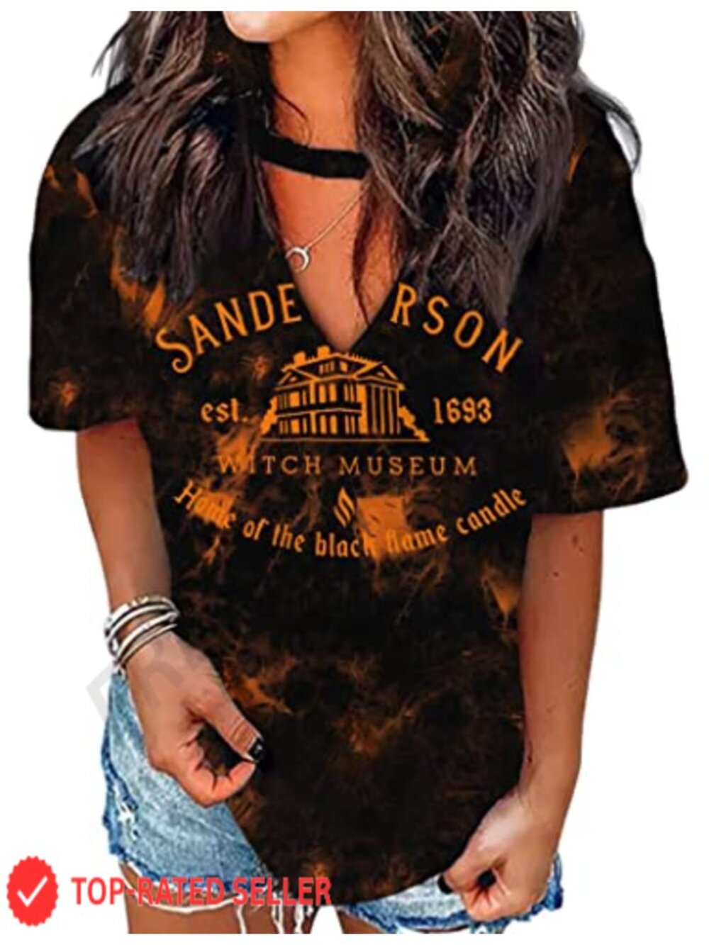 Women's Halloween Witch Graphic Tee V-Neck Short Sleeve Casual T-Shirt